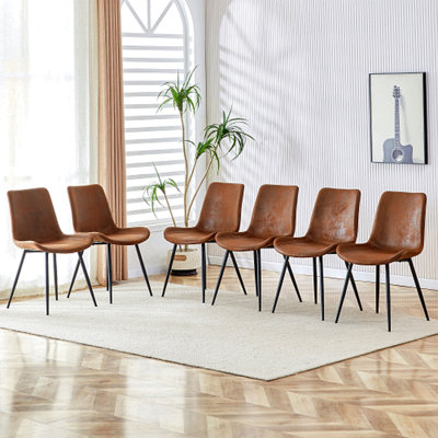 Brown Suede Backrest Cushion Dining Chair, Black Metal Legs, Curved Widened Cushion Design, More Comfortable, Suitable For Restaurants, Kitchens, Bedrooms, Offices. (6 Chairs) 0502