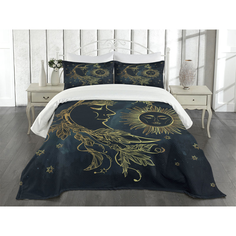 Queen Blue Polyester Quilted Bedspread Set with Pillow Shams