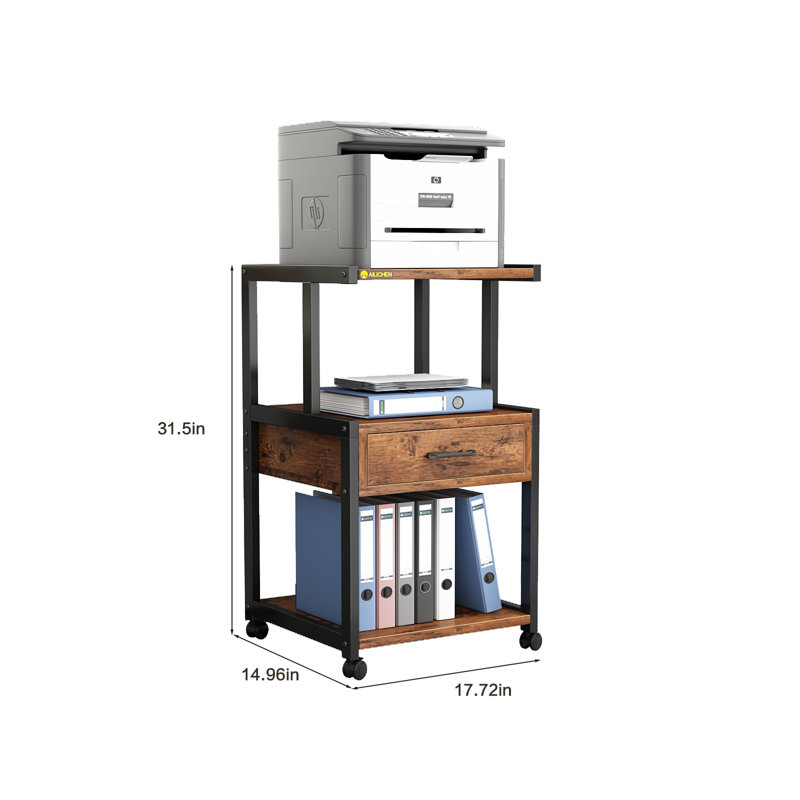 3 Tier Printer Stand with Storage Drawer Rolling Printer Table with Wheels Home Office,Retro, Brown