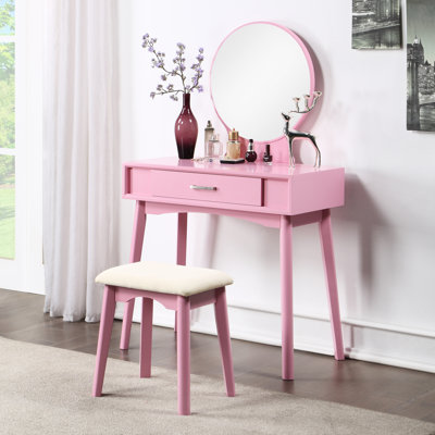 Pink Wood Vanity And Stool With Tapered Legs Spacious Drawer Contemporary Solid Build Elegant Design