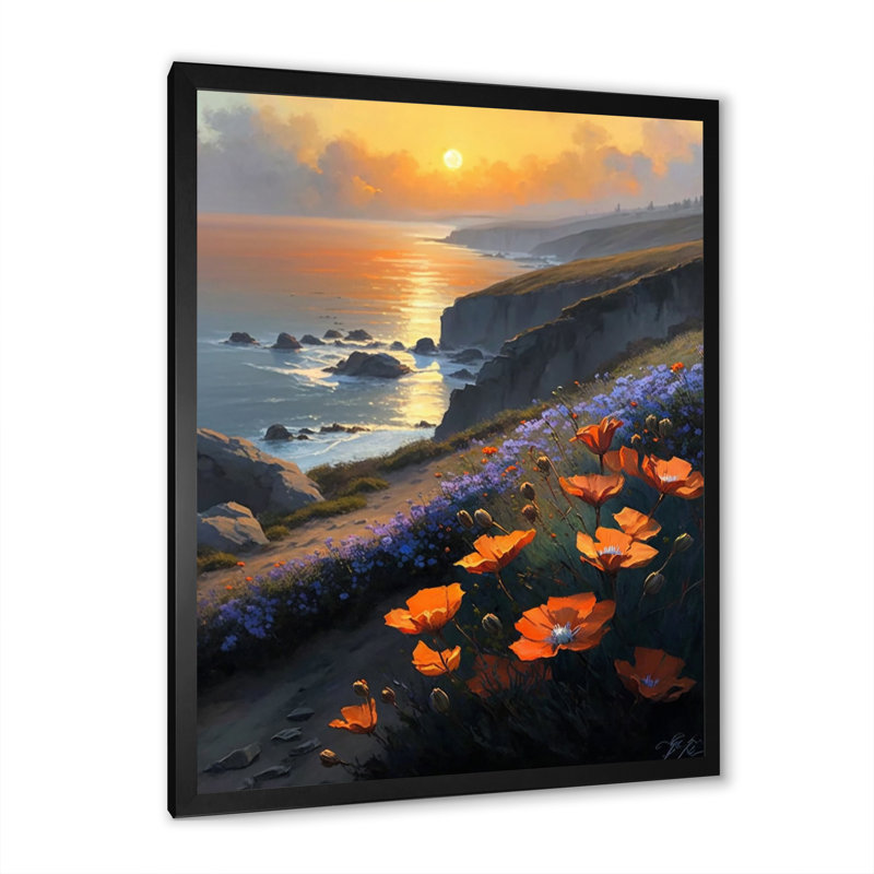 Fleurs orange par la côte II - reproduction sur toile, H 32 po x l 16 po x P 1 po, Impression noire sur toile encadrée