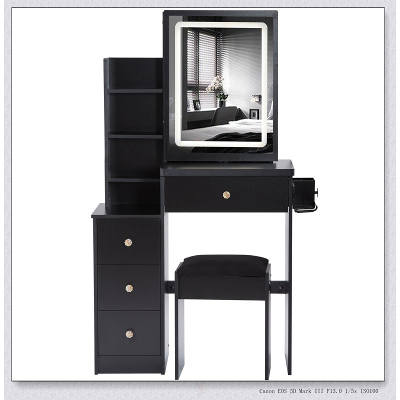 Ensemble de coiffeuse compacte avec miroir à DEL coulissant, centrale électrique et support pour sèche-cheveux pour les petites chambres