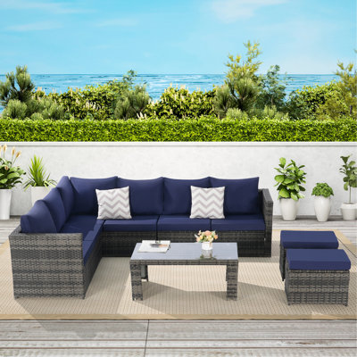 Ensemble de 6 pièces de mobilier de patio extérieur, ensemble de conversation en rotin et osier avec table en verre, coussins et coussins pour la pelouse, le jardin et la cour