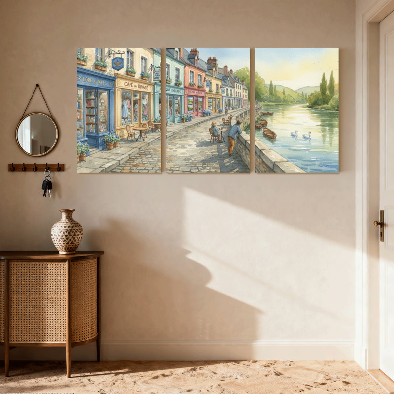 Ensemble de 3 reproductions d'art sur toile, "European European River River Scene", H 36 po x l 72 po