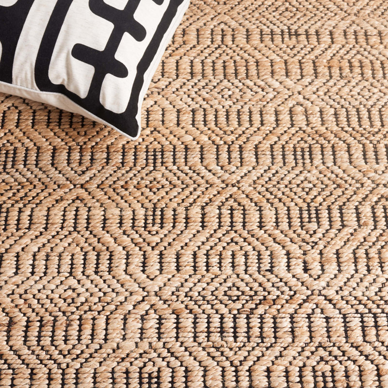 Tapis géométrique en jute de coton naturel / noir / brun Taliyah, Carré 6 pi 6 po