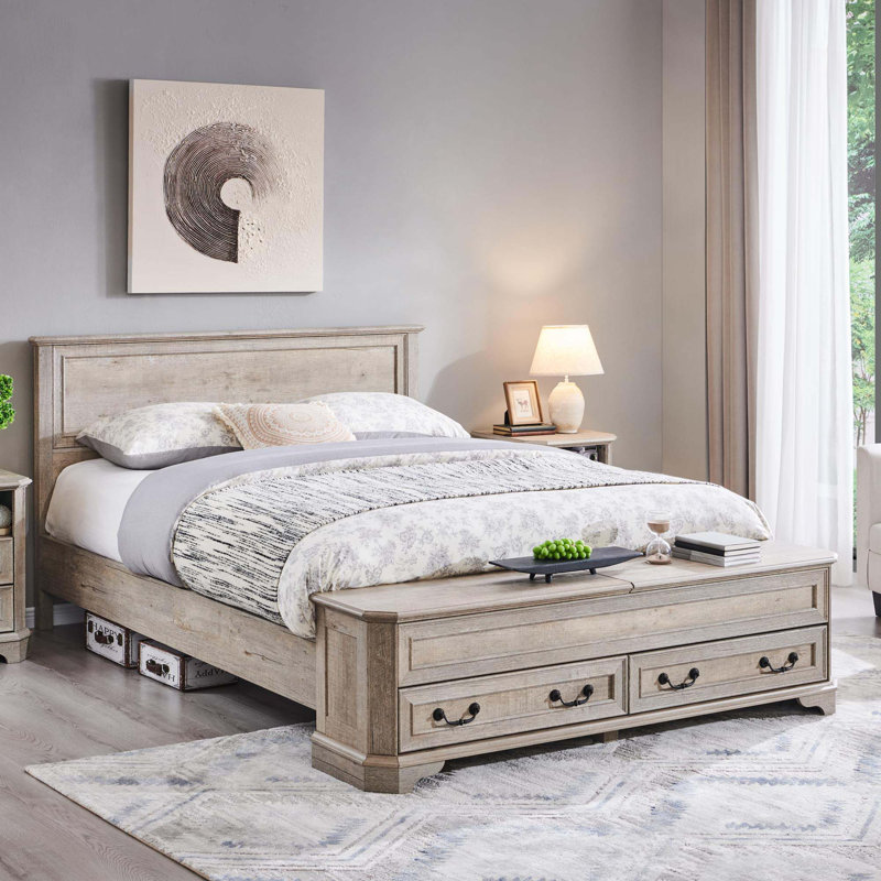 Bed with 3D Geometric Headboard & Storage Bench-4-Drawer Storage