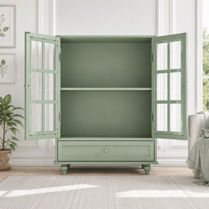 Buffet Minimalist avec portes doubles en verre et tiroir, L 28 po, Vert