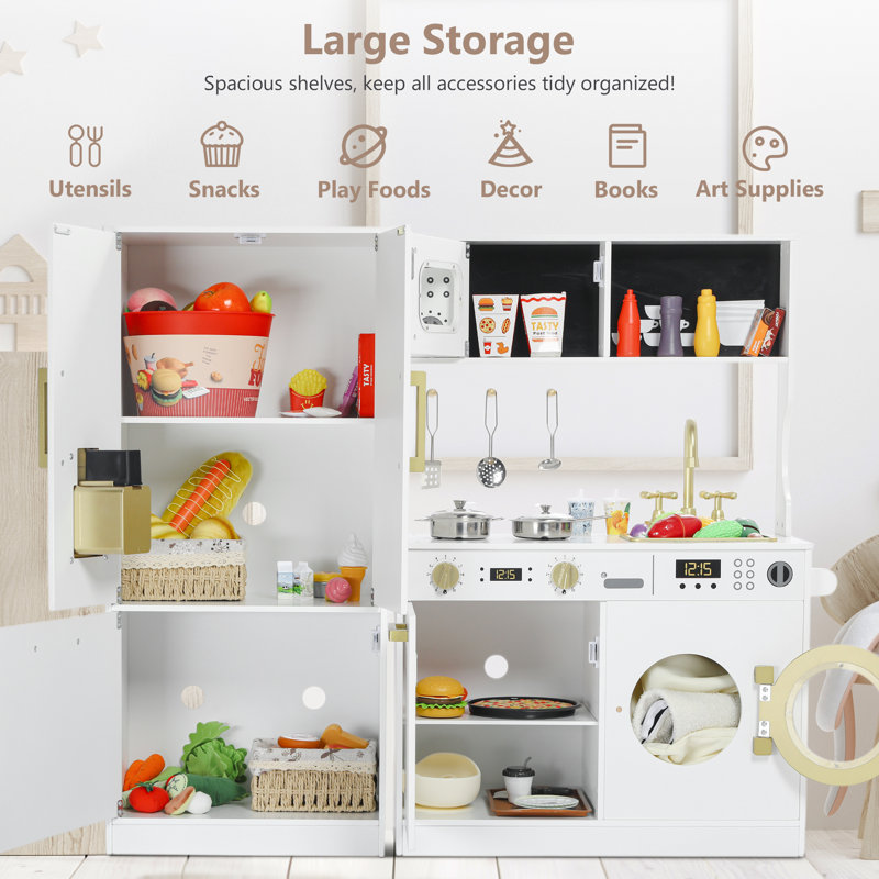 Wooden Play Kitchen Set for Kids with Sink, Freezer, Ice Maker, Washing Machine & Accessories Large Storage & Realistic Features