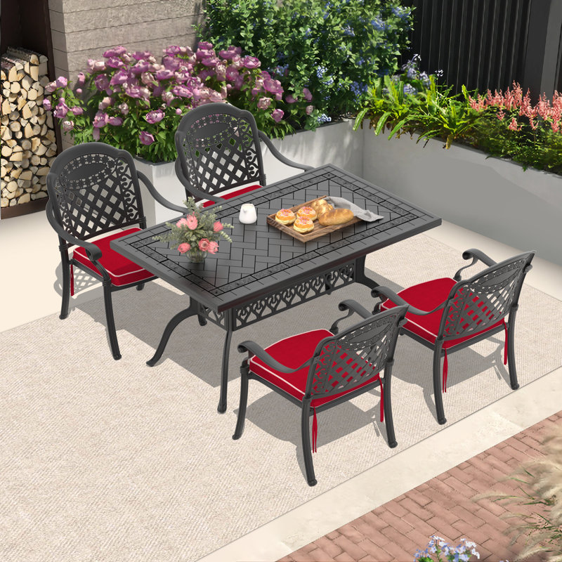 5-Piece 59.06"L 35.43"W Rectangular Table Cast Aluminum Outdoor Dining Set with Umbrella Hole and Red Cushions