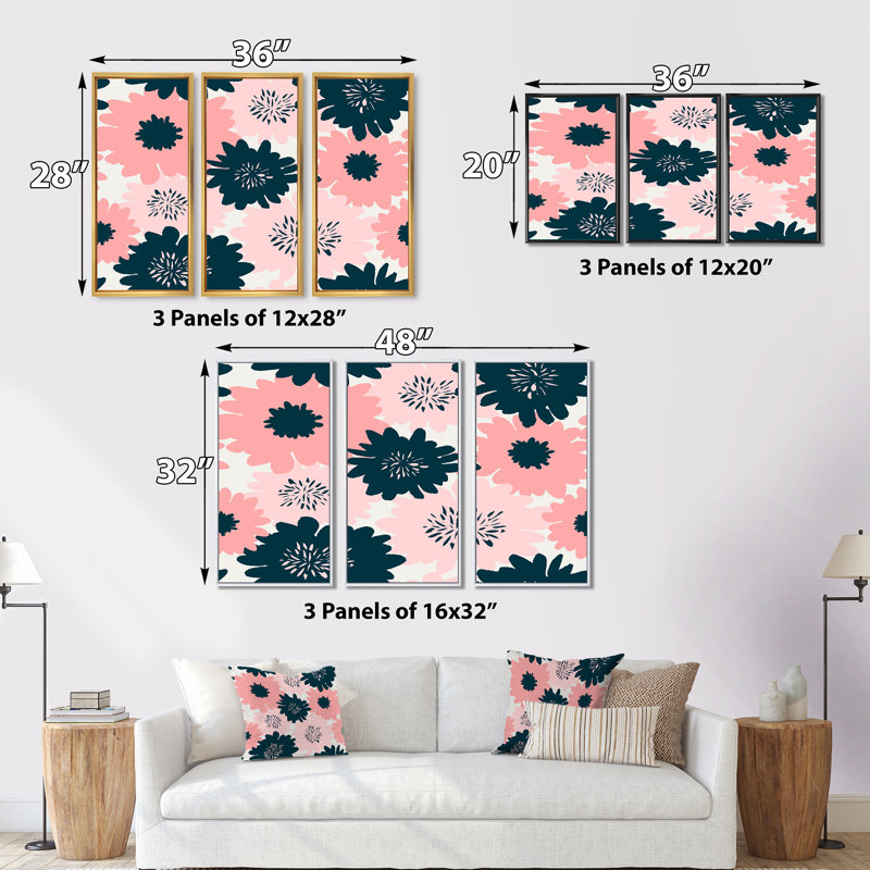 «Pink and Black Flowers II», reproduction sur toile flottante 3 pièces, H 20 po x l 36 po x P 1 po, Cadre doré