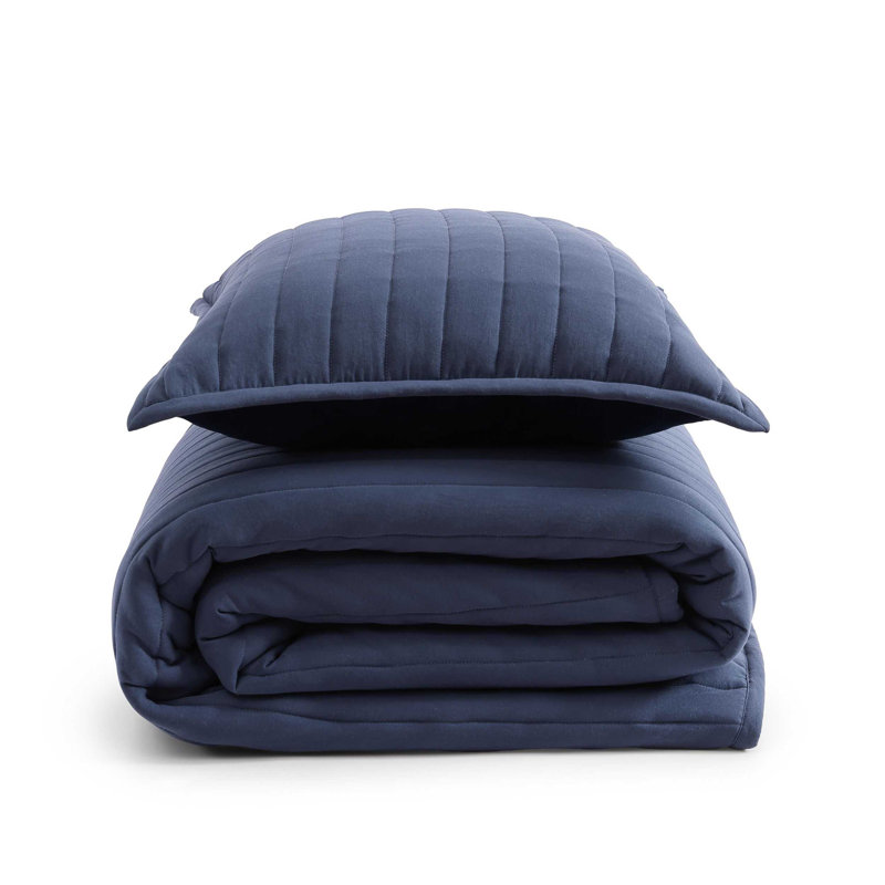 Tommy Hilfiger Classic Comfort Solid Reversible Blue Quilt Set, Twin Quilt + 1 Standard Sham