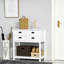 Armoire de rangement blanche à 4 tiroirs et tablette à lattes pour la cuisine, côté salon avec 4 tablettes