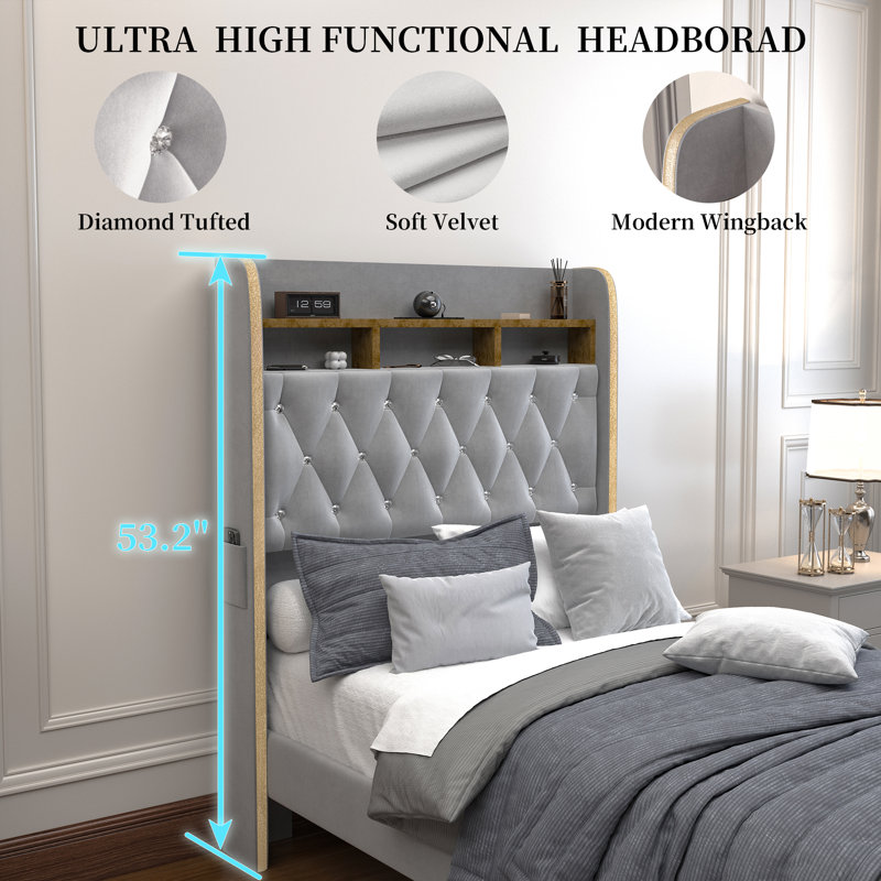 Wingback Upholstered Bed Frame with Galaxy Star Projector Speaker USB, Drawers and Storage Headboard, Gray, Twin