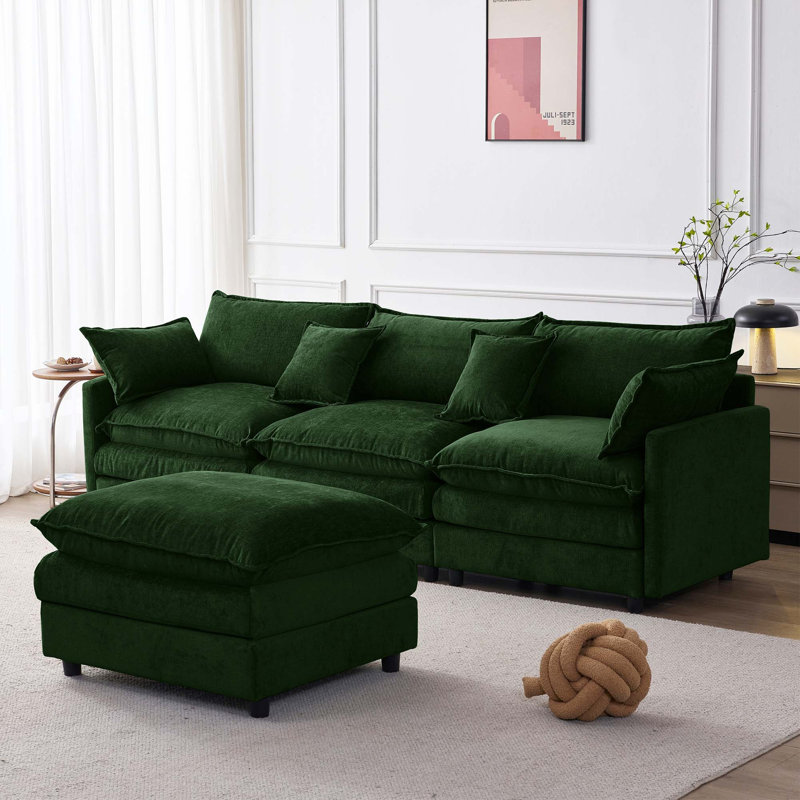 Canapé modulaire modulaire en chenille avec repose-pieds, Chenille - Vert