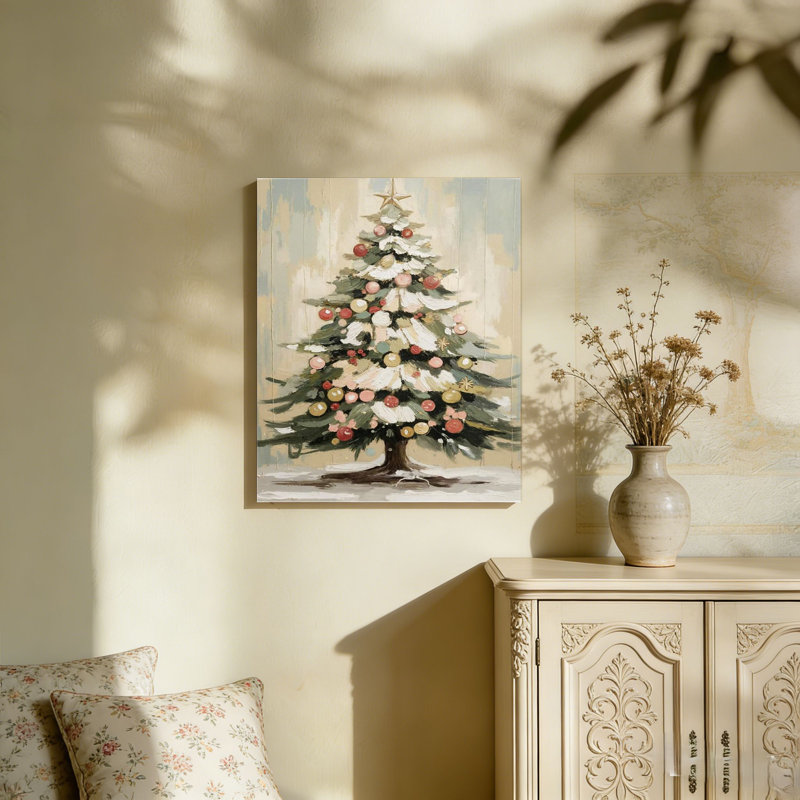 Arbre de Noël vert avec toile de boules de Noël, décoration murale encadrée en bois à l'arrière 36 po x 24 po