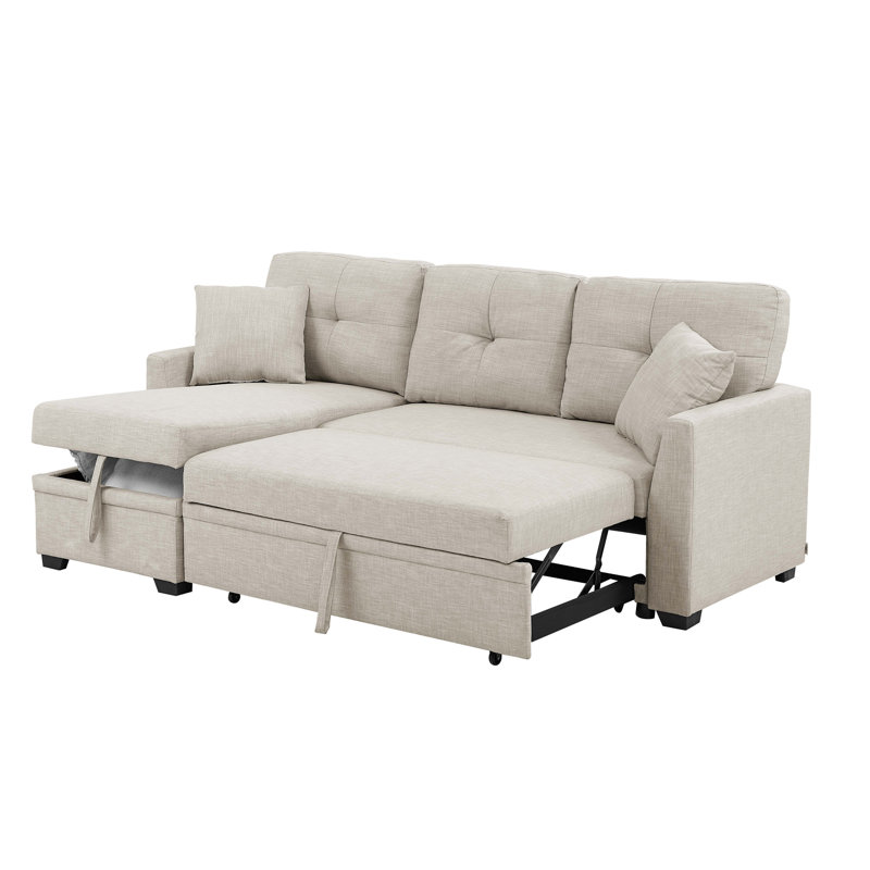 Canapé modulaire 76,5 po en mélange de lin avec lit escamotable et rangement pour chaise longue, Mélange de lin amande