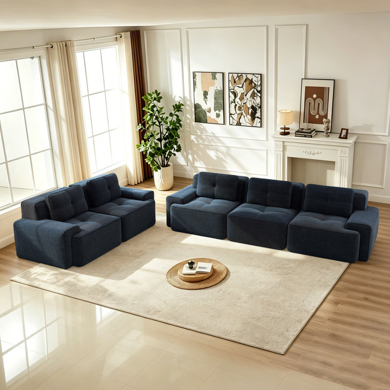 Ensemble de salon capitonné en velours côtelé 2 pièces pour 5 personnes, sans assemblage, 2 pièces: 1 canapé, 1 causeuse