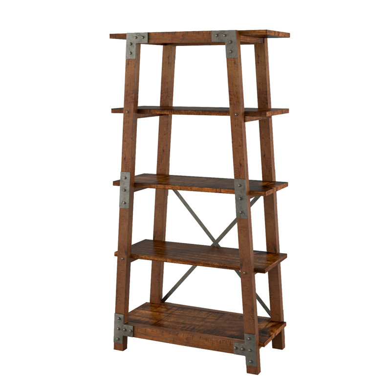 Rockwell 72" Etagere Bookcase, 7 Tiers, Faux Rivet Details, Brown Wood Frame