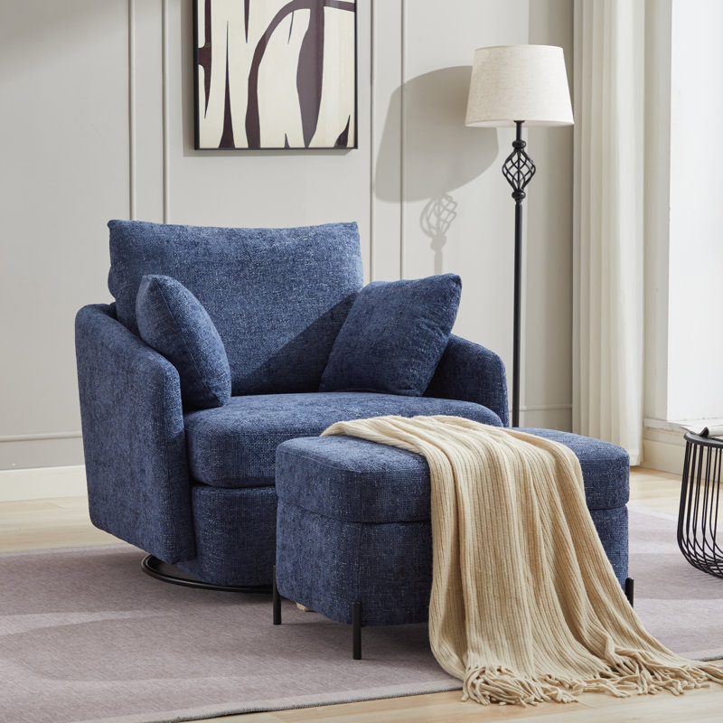 40.6'' Wide Swivel Barrel Chair and Storage Ottoman, Navy Polyester