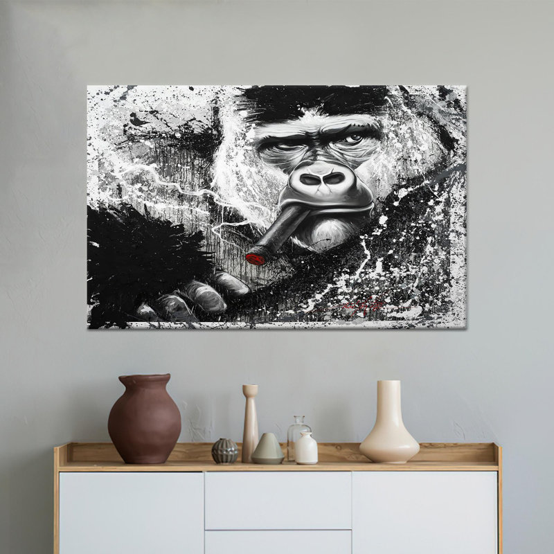 Reproduction d'art contemporain animalier: "Monkey smoking", œuvre d'art sur toile tendue 1P, H: 23,6 po x l: 35,4 po
