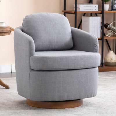 Fauteuil d'appoint pivotant en lin avec pieds ronds en bois brun clair, bleu clair