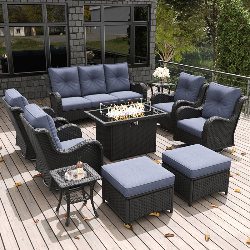 LayinSun 10 Pieces Outdoor Patio Furniture Set With Fire Pit Table, Black, Navy
