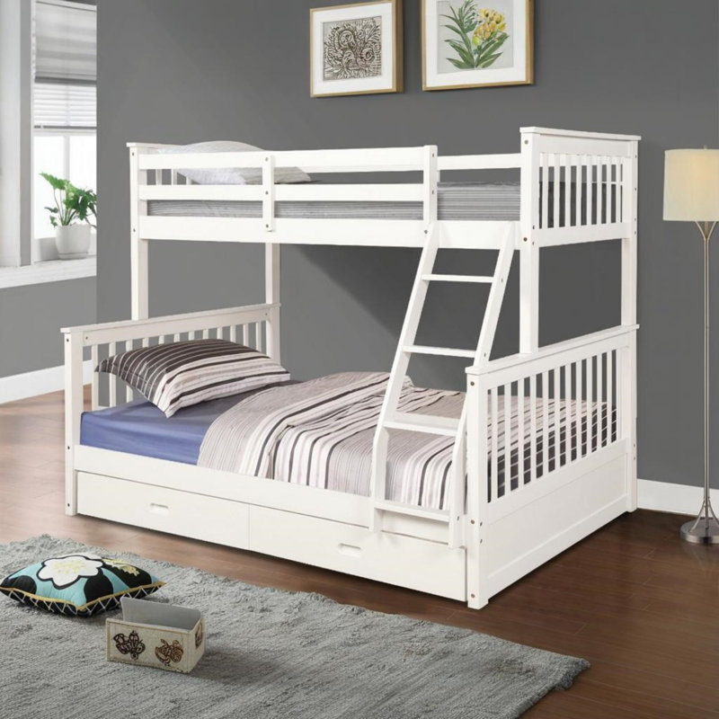 Lit superposé fonctionnel en bois avec tiroirs de rangement, échelle et garde-corps pour une utilisation optimale de l'espace et un sommeil confortable
