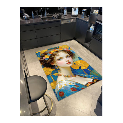 Colourful Young Girl Patterned Decorative Machine Washable Rug