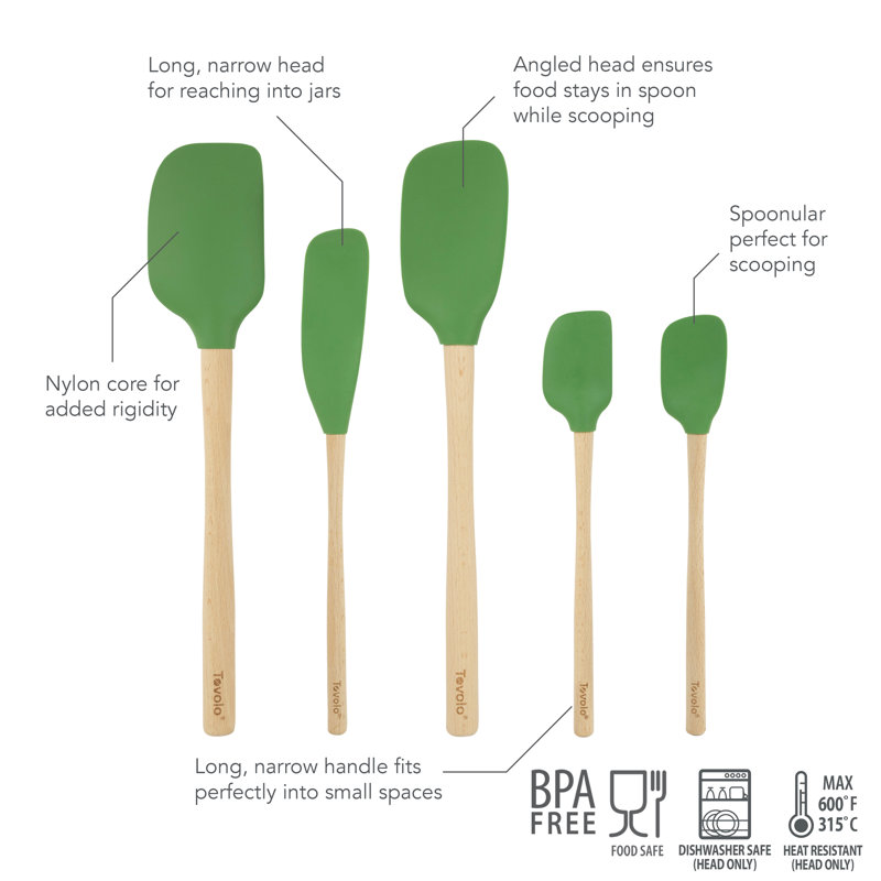 Pesto Green Silicone and Wood 5-Piece Spatula Set