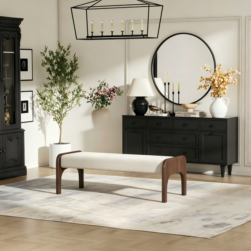 Banc de salle à manger 50,25 po avec pieds en bois d'hévéa, Beige