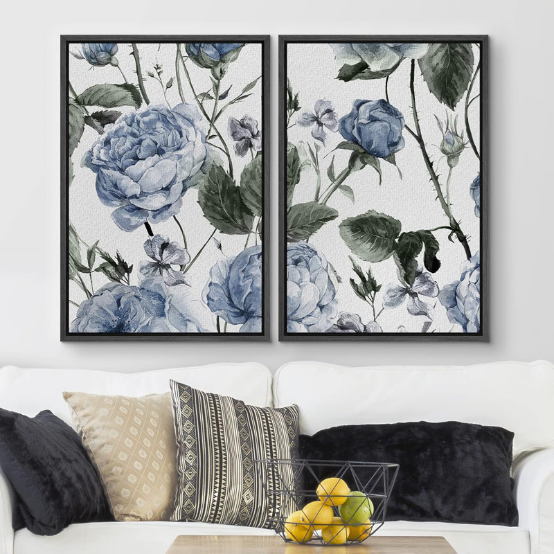 «Watercolor Fine Art Blue Rose Flower Collage», 2 pièces, Noir, H 36 po x l 24 po