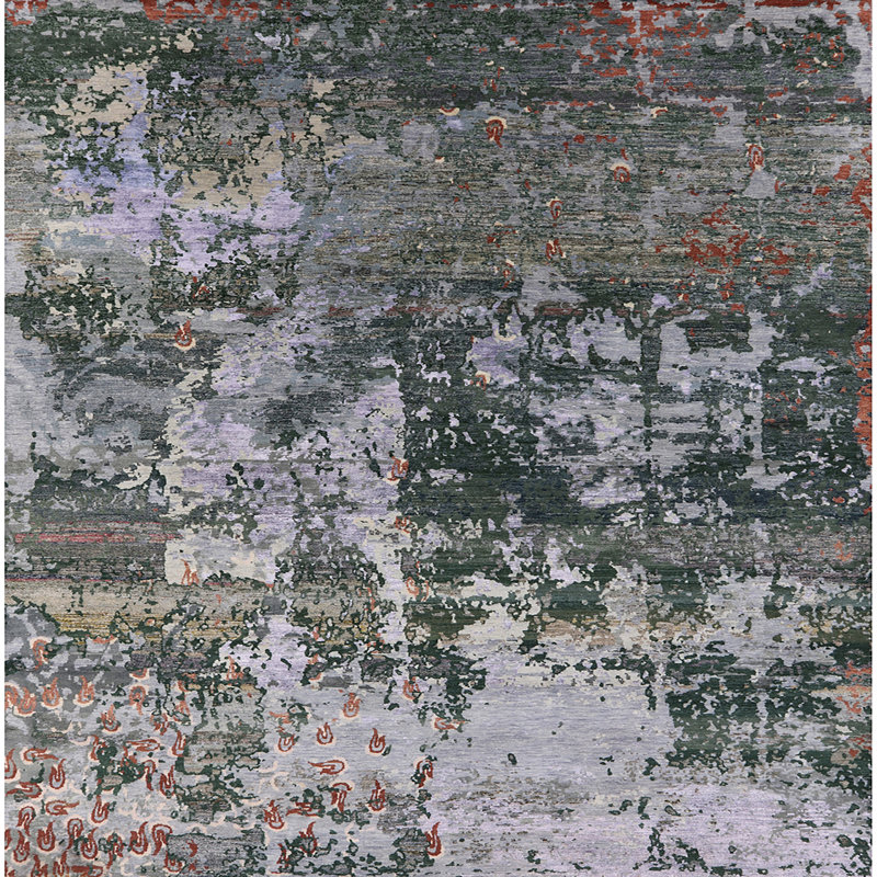 Tapis abstrait vert / gris, Carré 4 pi