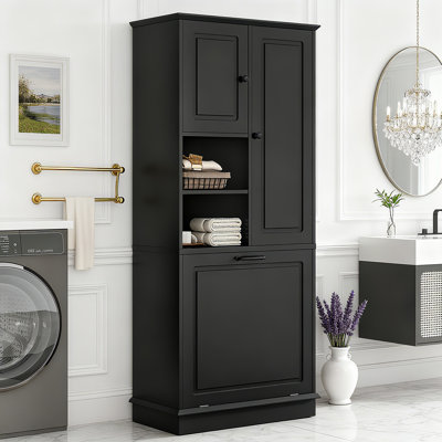 Fleurine 68'' H Bathroom Cabinet with Tilt-Out Laundry Hamper,Modern Linen Cabinet with Adjustable Shelf,Freestanding Style