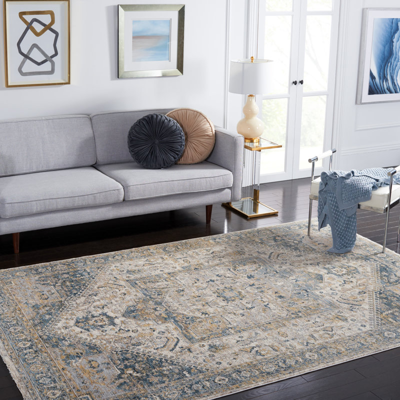 Tapis oriental bleu / jaune / ivoire, Rectangle 8 pi x 10 pi