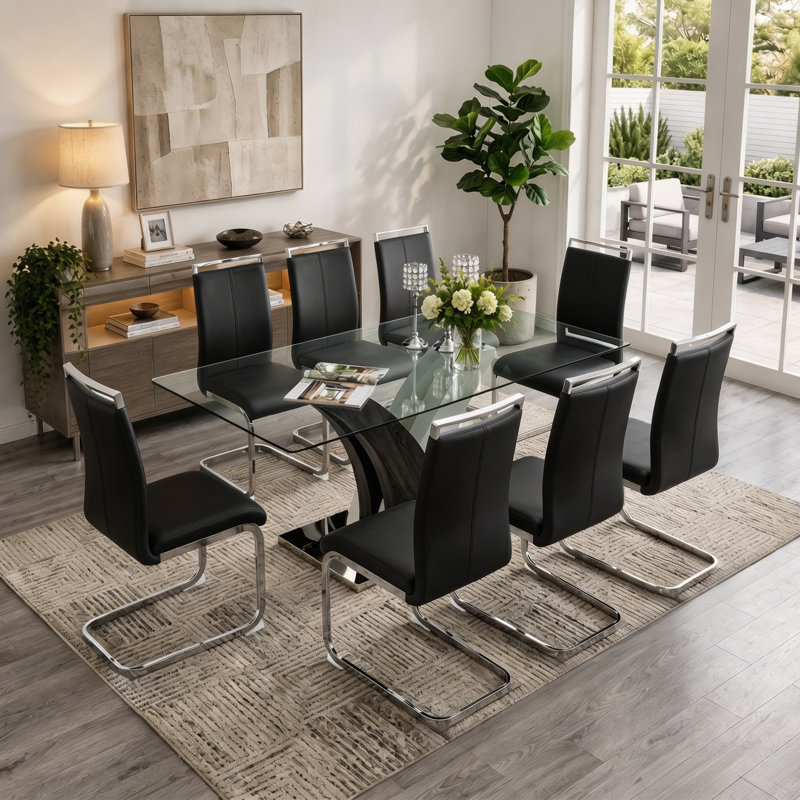 Harada 9-Piece 71" Rectangular Tempered Glass Dining Set with Metal Pedestal and Faux Leather Cantilever Chairs, Black