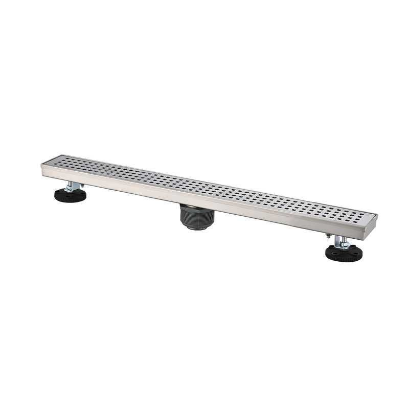 28 Inch Linear Shower Drain With Removable Quadrato Pattern Grate Cover, 304 Stainless Steel Shower Floor Drain With Hair Strainer And Leveling Feet