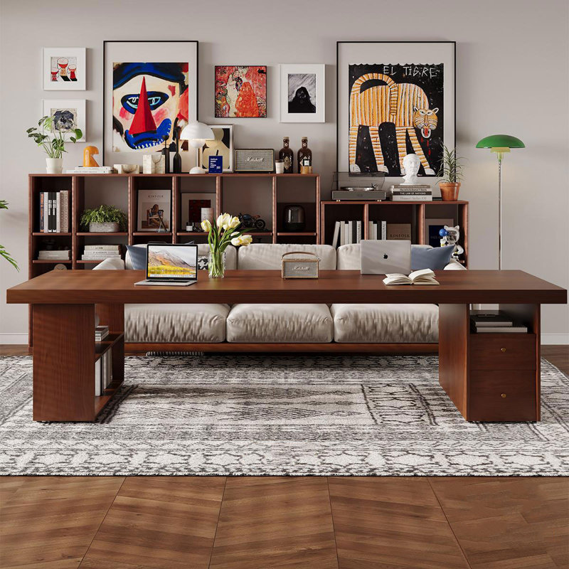 Bureau rectangulaire brun clair en bois massif avec 2 tiroirs, H 29,53 po x l 62,99 po x P 27,56 po