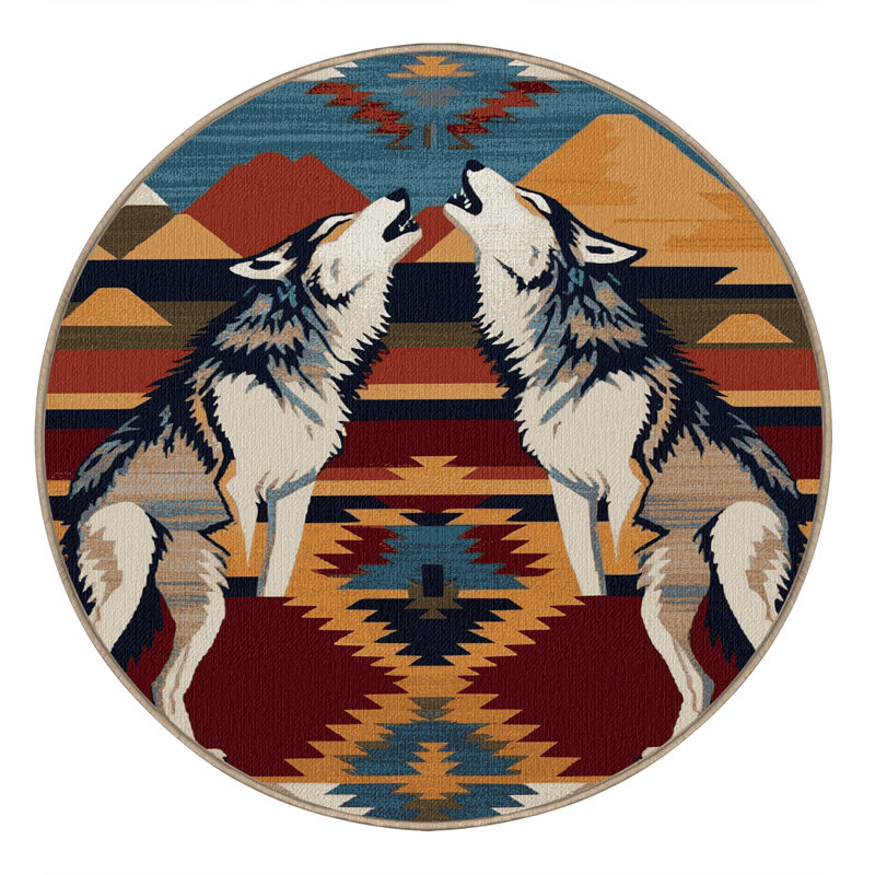 Washable Wolf Inspired Southwestern Area Rug, Round 8'