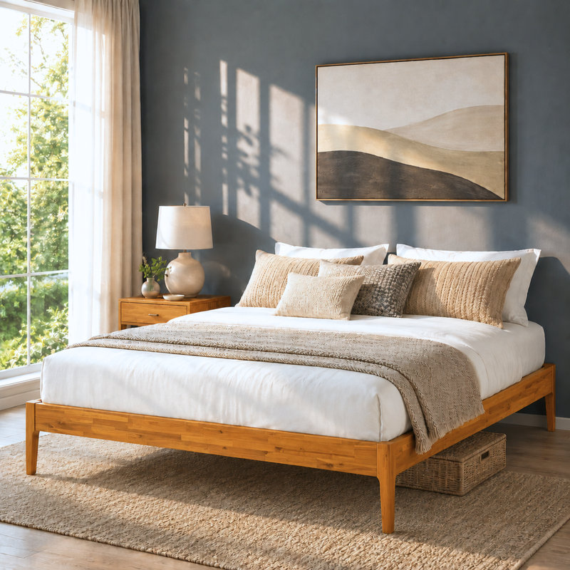 Jaxson Modern Acacia Solid Wood Platform Bed Frame, Exclusive Curved Bed Legs, No Headboard, 800lbs Heavy Duty Capacity, No Box Spring Needed