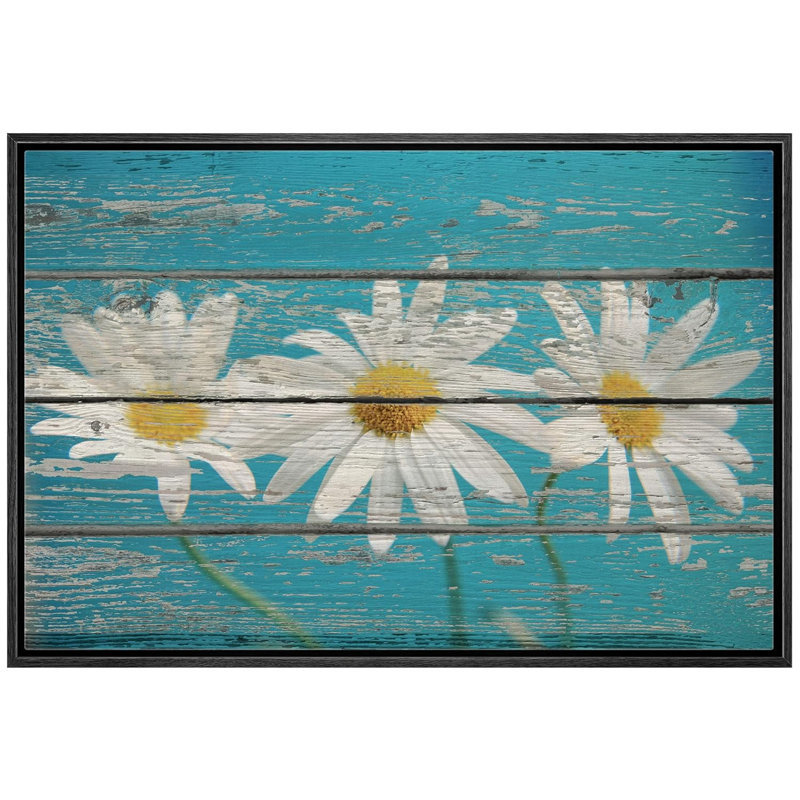 Art rétro sur toile effet fleurs de marguerite rétro sur fond en bois, H 24 po x l 36 po, Cadre flottant noir