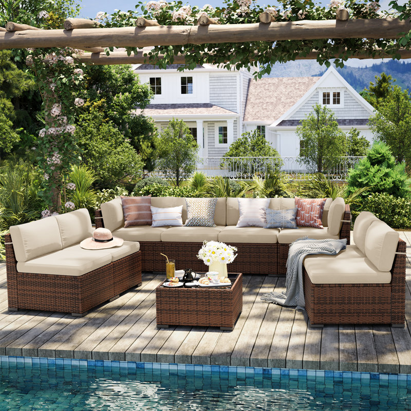 8 Person Rattan Sectional Seating Group With Cushions, Beige, No