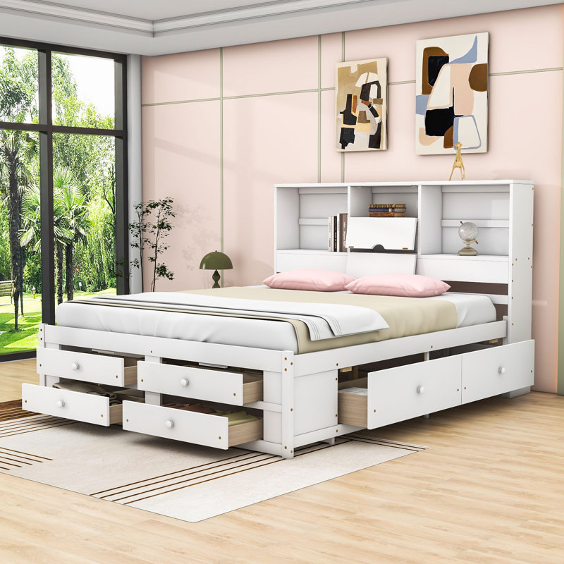 Très grand lit plateforme avec tête de lit, tiroirs et tablettes, Blanc