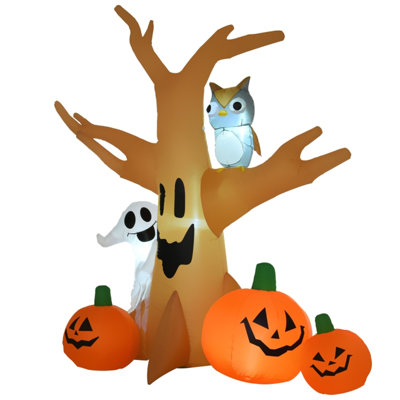 Arbre gonflable d'Halloween de 2,4 m avec hibou, fantôme et citrouilles, lumières DEL intégrées, décor extérieur pour jardin et pelouse.