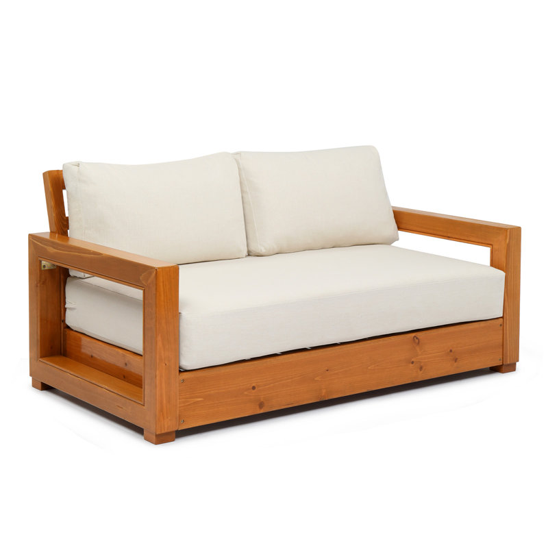 Outdoor Fir Wood Sofa Loveseat With Hollow Armrests, Beige