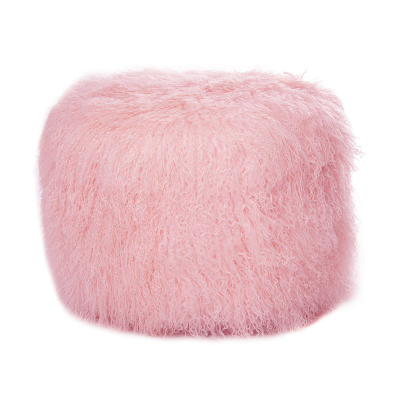 Round Tibetan Lamb Sheepskin Ottoman, 21" Diameter x 16" High, Pink