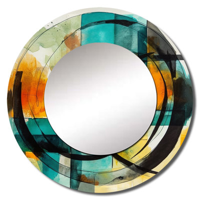 Pierluigi Orange Abstracted Geometric Explorations V - Geometric Decorative Wall Mirror, Modern Round Mirror, Printed Metal Art