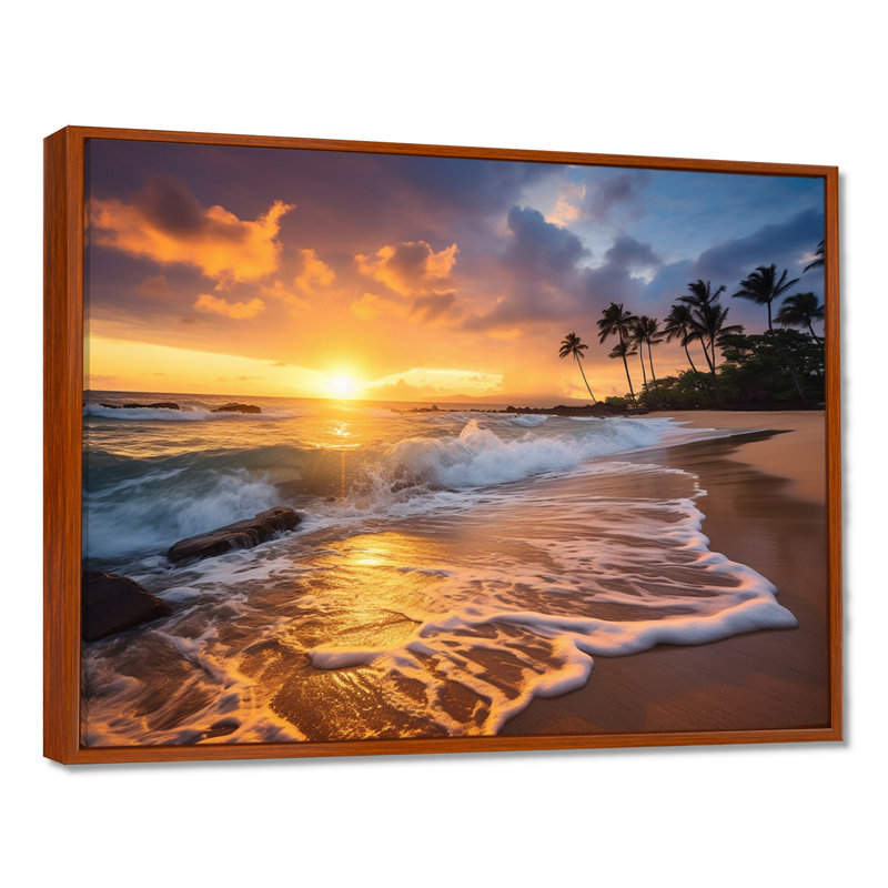 Photo de plage, coucher de soleil, Serenade IX - art mural plage côtière, H 12 po x l 20 po x P 1 po, Cadre flottant brun