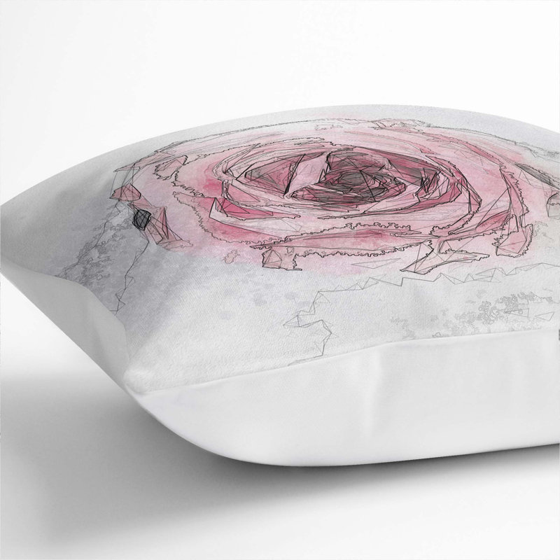 Lone Pink Rose Abstract Art Cushion with Filling, White, 40cm H x 40cm W x 15cm D