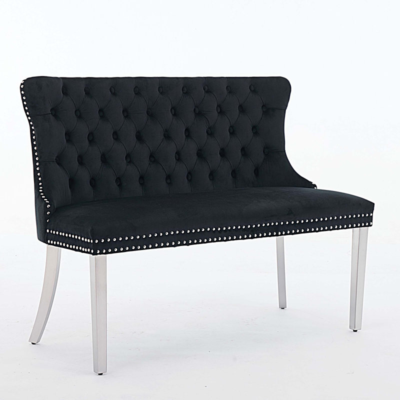 Velvet Double Loveseat Bench, Kitchen & Dining Seating, 2-Seat Tufted Bench with Handmade Buttons, Black, Silver