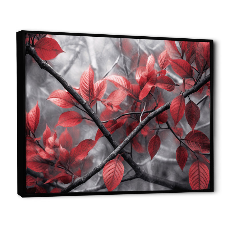 «Red Grey Leaves On Tree III», reproduction sur toile, H 24 po x l 32 po x P 1 po, Cadre flottant noir